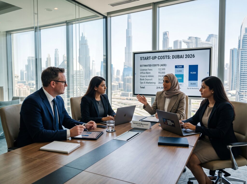 Business professionals discussing the cost to start a business in Dubai in 2026